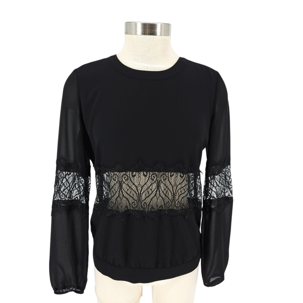 GUESS Blouse Black Sheer Lace Panel Long Sleeve Sexy Keyhole Back Top XS